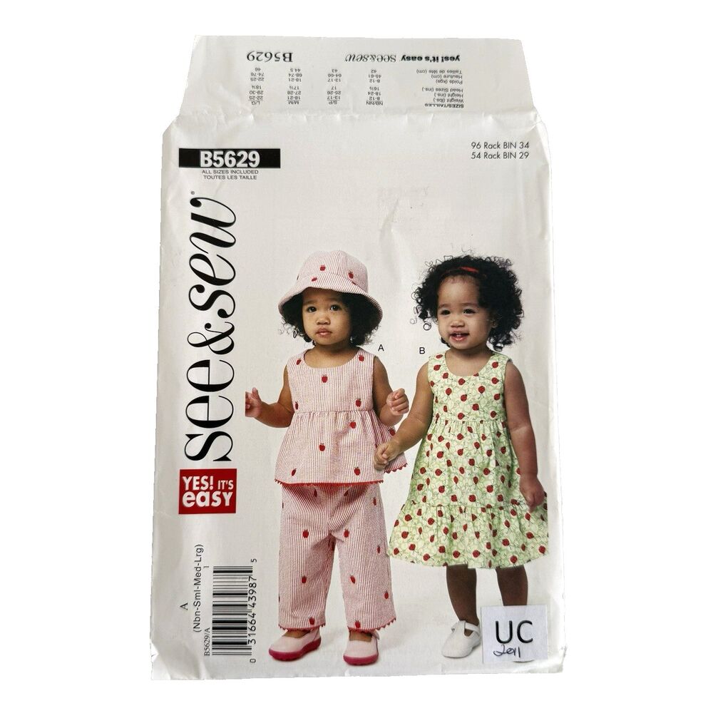 See & Sew 5629 EASY Sewing Pattern Baby Top Dress Panties Pants Hat Sz NB - L